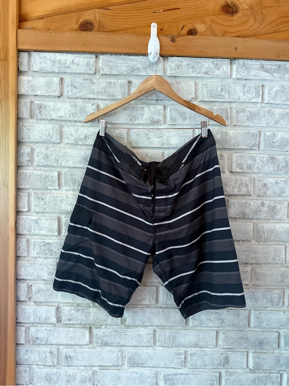 Old Navy Black and Gray Striped Swim Board Shorts
